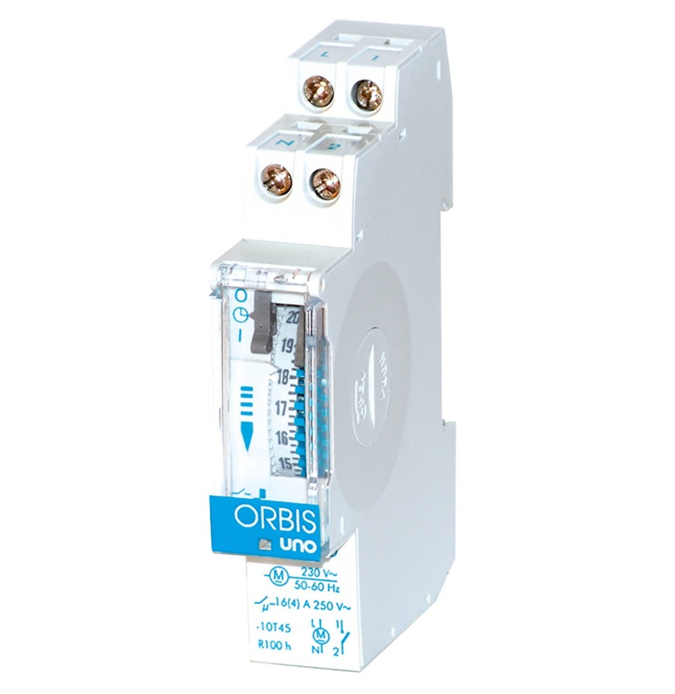 Interruttore Orario Giornaliero Elettromeccanico 1 Modulo DIN Riserva di Carica 150h Orbis UNO QRD OB400232