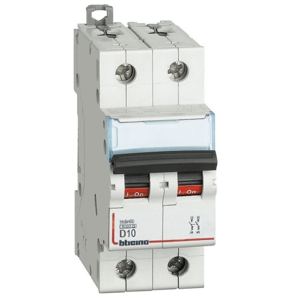 Interruttore magnetotermico 10A 2 moduli curva D 6KA 2 Poli BTicino FN82D10