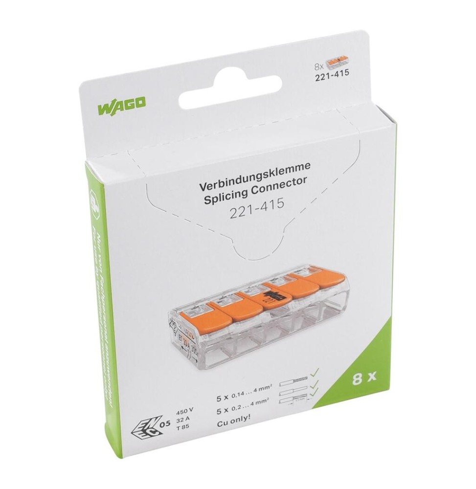 Morsetto di giunzione a leva Max 4 mm per 5 fili cf 8 pezzi Wago 221-415/995-008