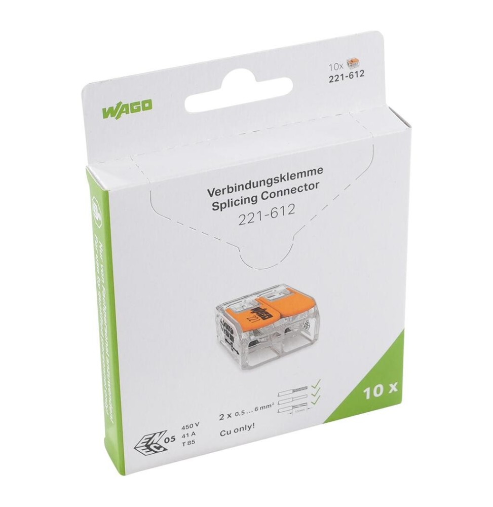 Morsetto di giunzione a leva Max 6 mm per 2 fili cf 10 pezzi Wago 221-612995-010